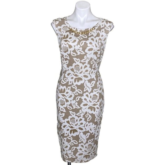 Kate & Lily Beige Lace Overlay Sheath Dress, Gold Chain Necklace Women's Size 8 - Picture 1 of 9